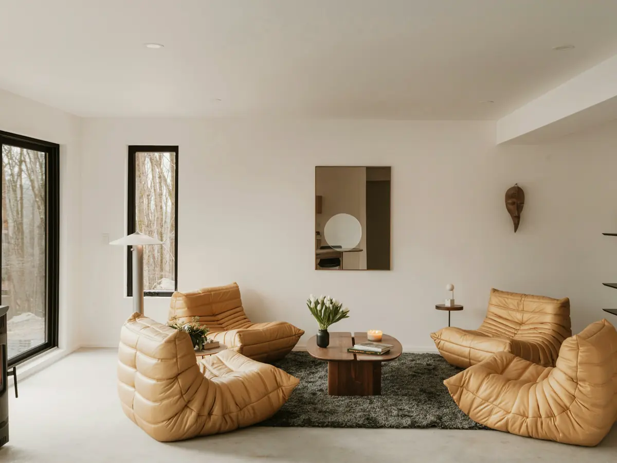Sala amplia con sillas de cuero y ventanales hacia el bosque