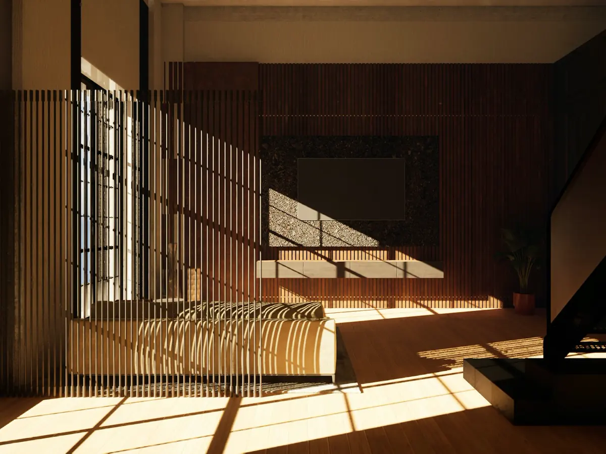 Habitación luminosa con divisiones de madera y sombras de la tarde